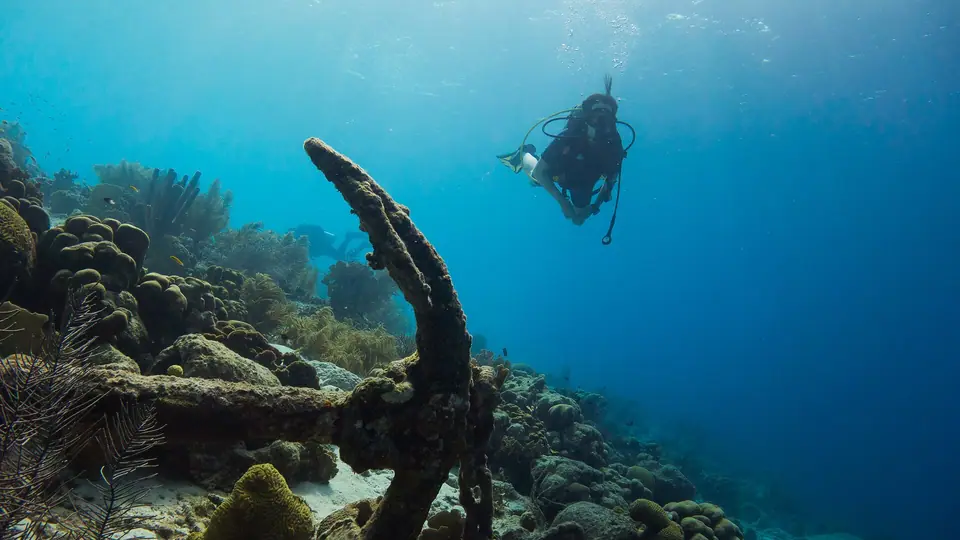 Scuba diver swimming above a coral-covered anchor on a reef in clear blue water off Bonaire