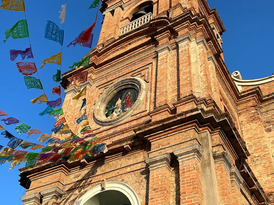 Crown-topped tower of Our Lady of Guadalupe Church in downtown Puerto Vallarta