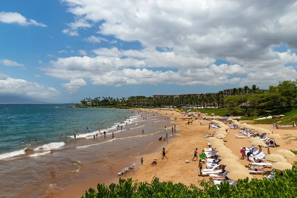 Aerial view of Wailea Beach with resorts behind the sand on Maui