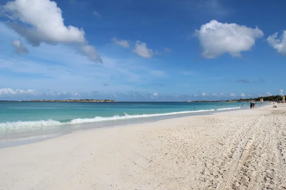 Long curve of white sand and turquoise water at Orient Bay on the French side of St. Martin