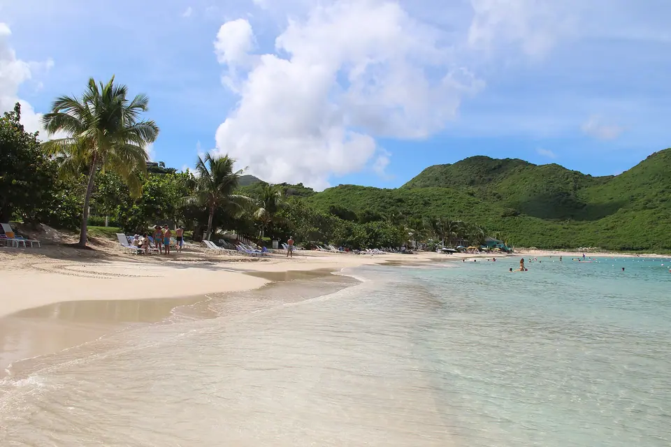 Sheltered beach and turquoise cove at Anse Marcel on the French side of St. Martin