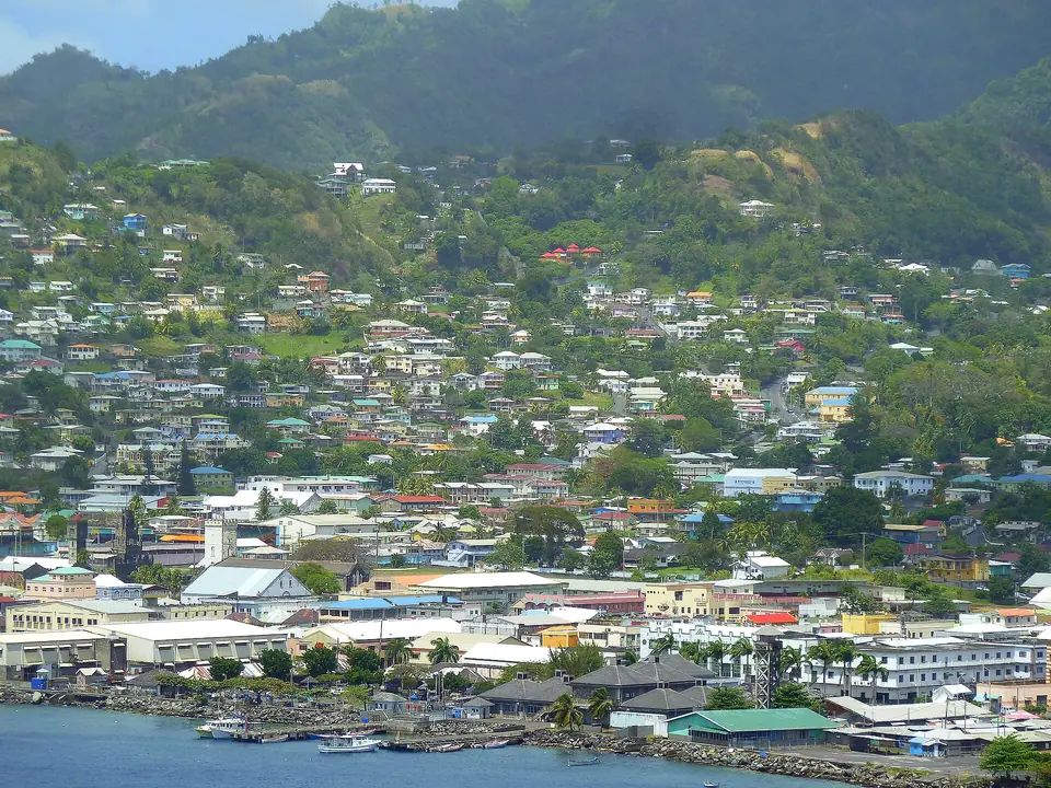 View over the rooftops and harbor of Kingstown, the capital of St. Vincent