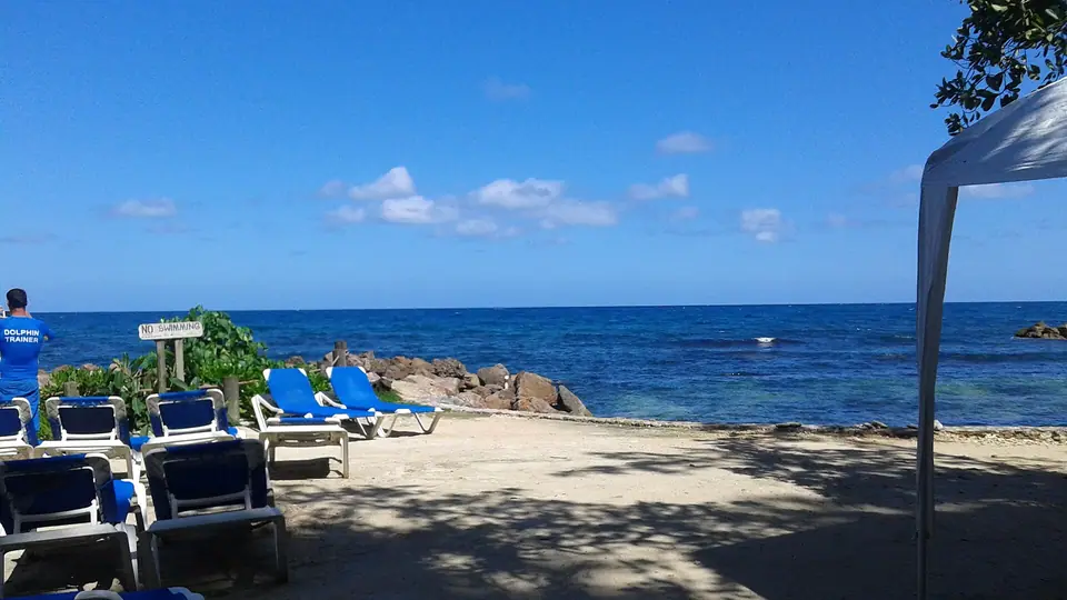 Turquoise water and a reef-sheltered shoreline at Runaway Bay, Jamaica