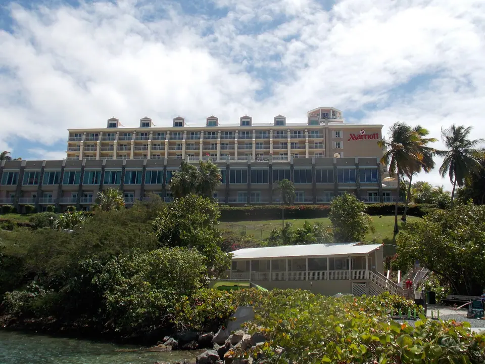 The Frenchman's Reef resort buildings on a headland above the sea on St. Thomas