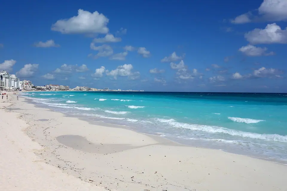 White-sand beach and turquoise water along Cancun's Hotel Zone seen from the south