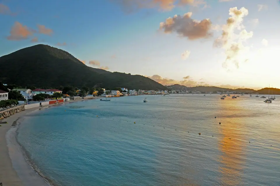 Calm water and sandy shoreline of Grand Case Bay on the French side of St. Martin
