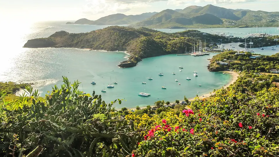 View from Shirley Heights over the yachts and inlets of English Harbour, Antigua