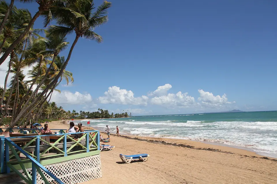 Wide sandy beach with palm trees at Palmas del Mar in Humacao, eastern Puerto Rico