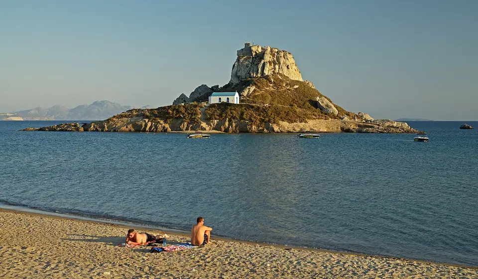 Kefalos Bay on Kos with the tiny islet of Kastri and its white chapel offshore