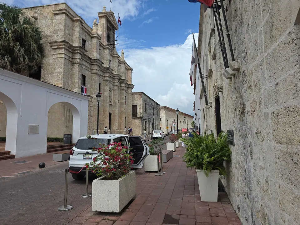 Cobblestone Calle Las Damas lined with colonial stone buildings in Santo Domingo's Colonial Zone