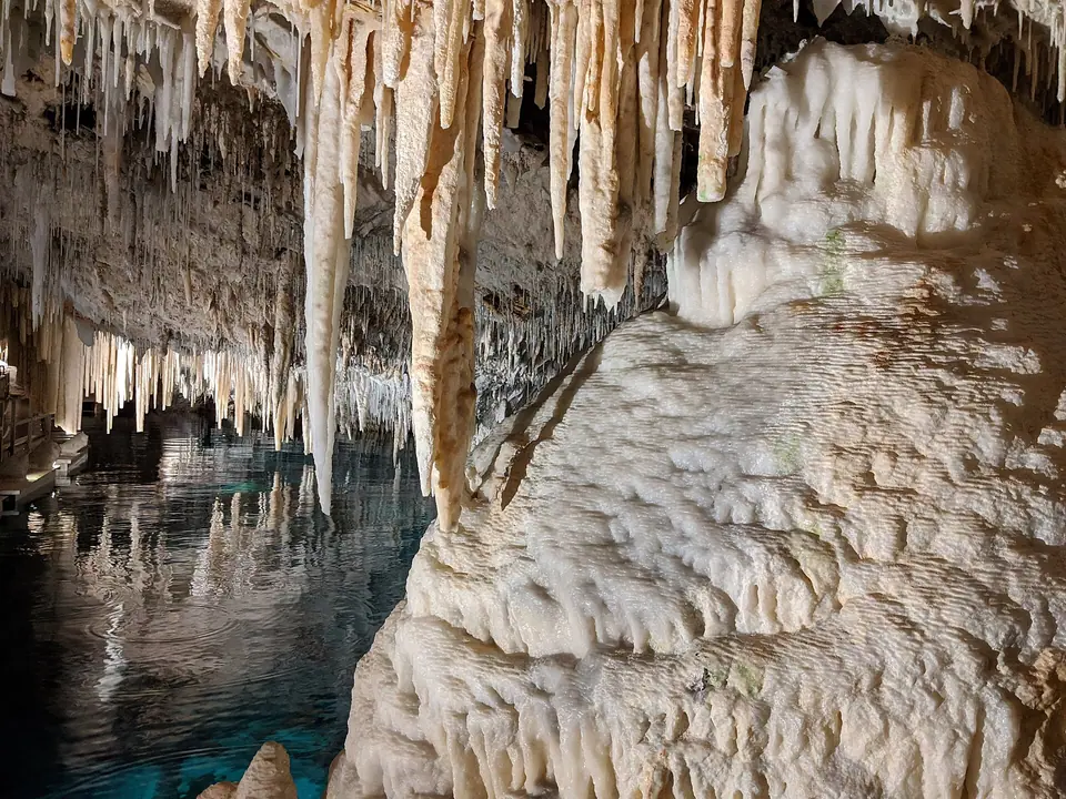 Interior of a limestone cave with stalactites above a clear underground pool in Bermuda