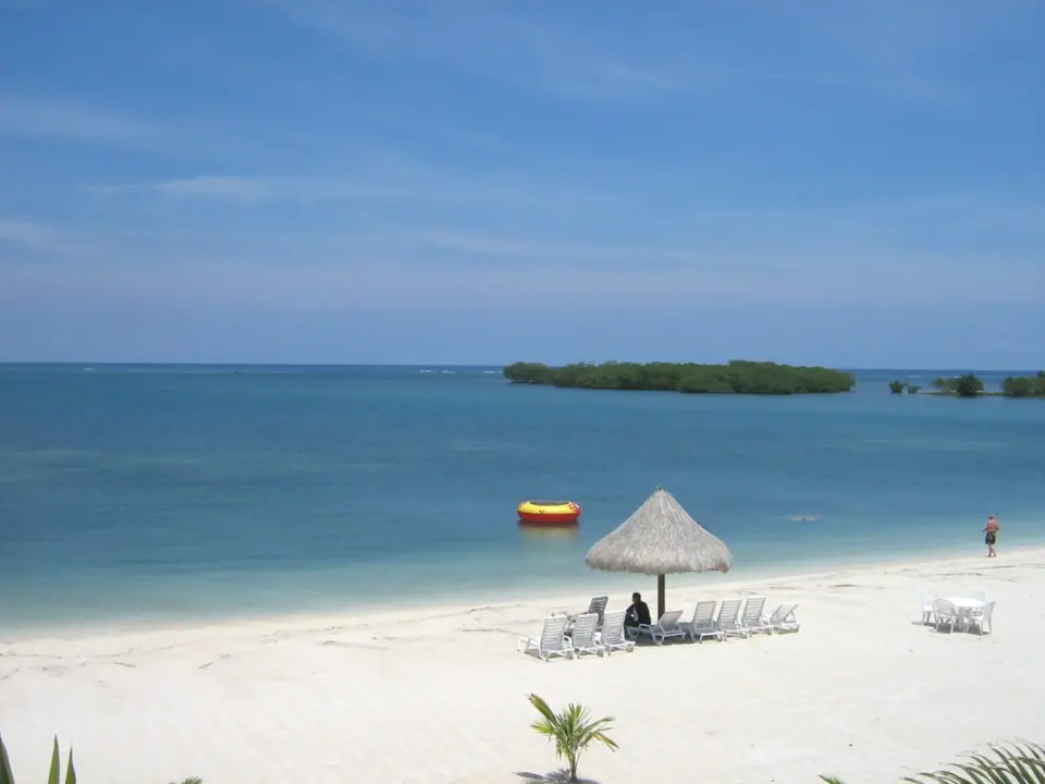Turquoise water and a palm-fringed shore at Turquoise Bay, Milton Bight, Roatán