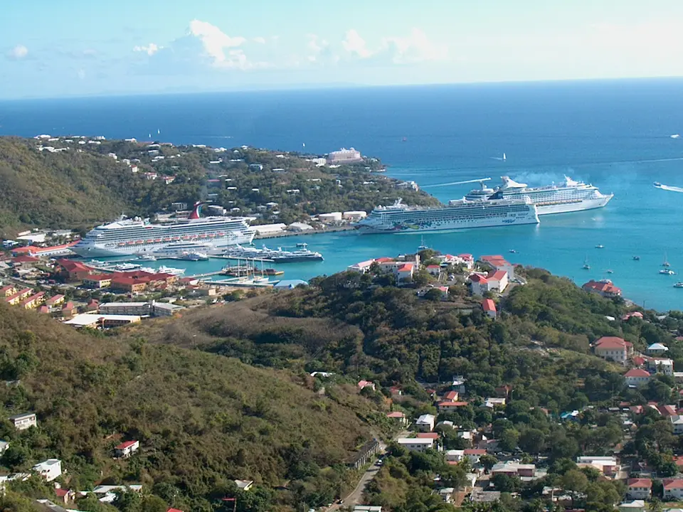 Several large cruise ships docked in the harbor at Charlotte Amalie, St. Thomas
