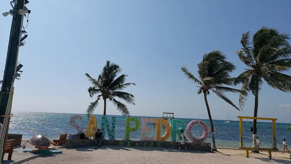 Large colorful San Pedro letters on the beach in San Pedro Town, Ambergris Caye