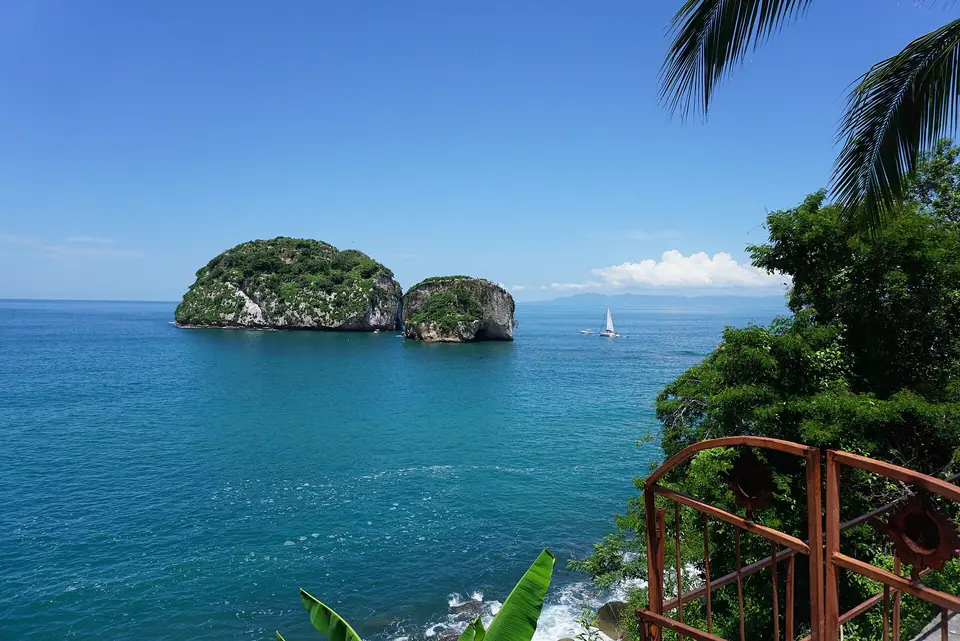 Rocky islets of Los Arcos rising from the sea off Mismaloya near Puerto Vallarta