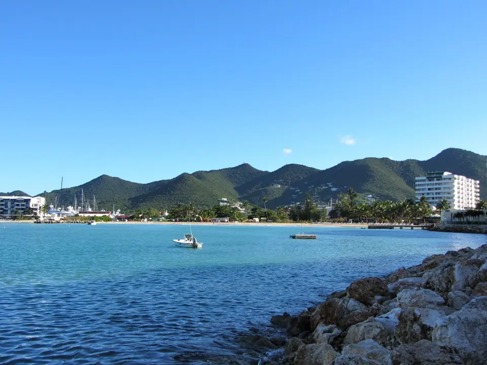 Sand and calm water along Simpson Bay Beach on the Dutch side of St. Maarten
