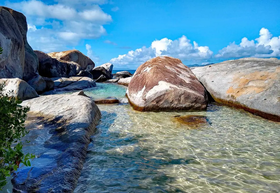 Giant granite boulders framing turquoise water at The Baths on Virgin Gorda