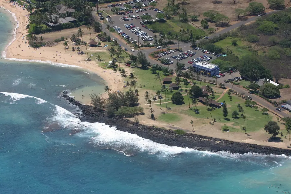Aerial view of Poipu Beach Park and its sandy crescents on Kauai's south shore