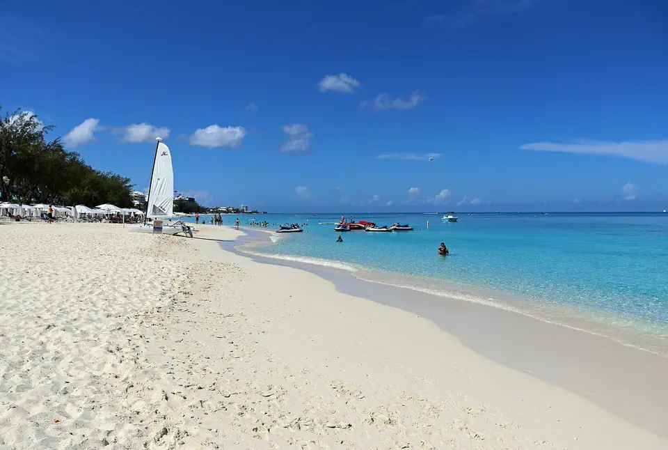 Seven Mile Beach, Grand Cayman, looking south along the sand toward George Town