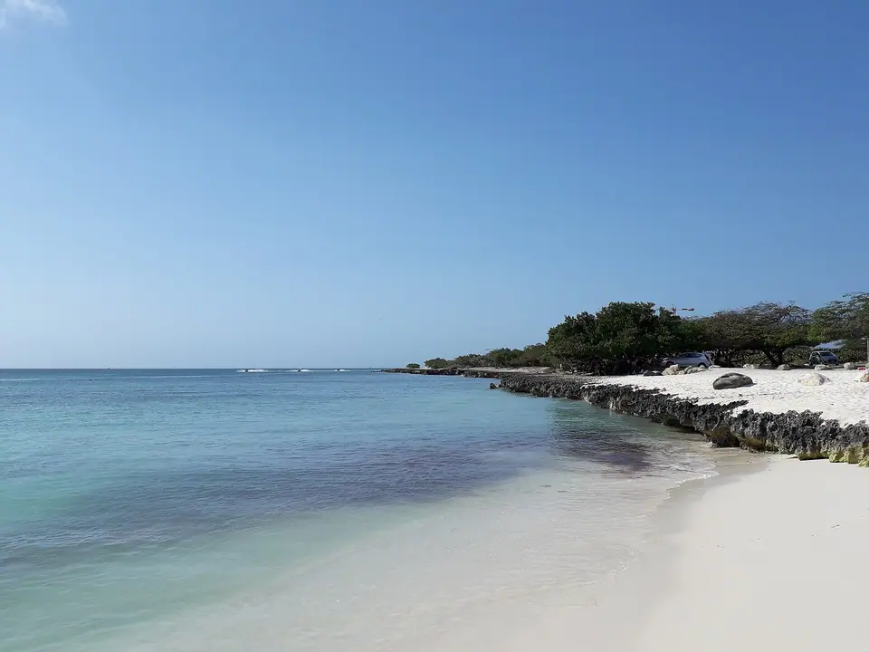 Clear shallow water and white sand at Eagle Beach, Aruba, with low trees along the shore