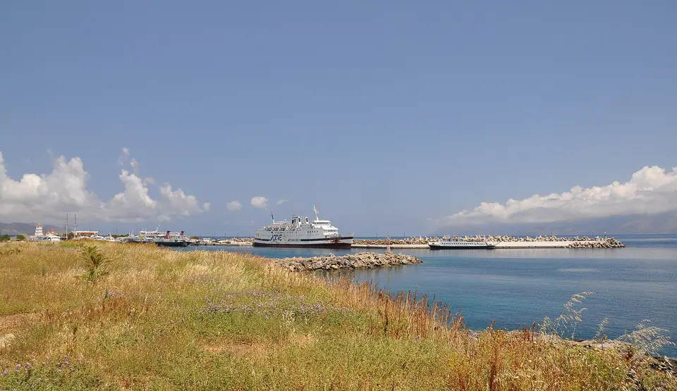 Harbor at Kissamos on the northwest coast of Crete with mountains behind
