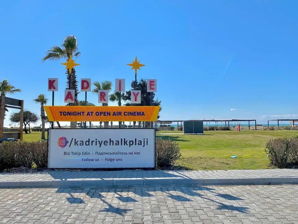 Kadriye Beach in Belek, Antalya, with an open-air cinema screen on the sand