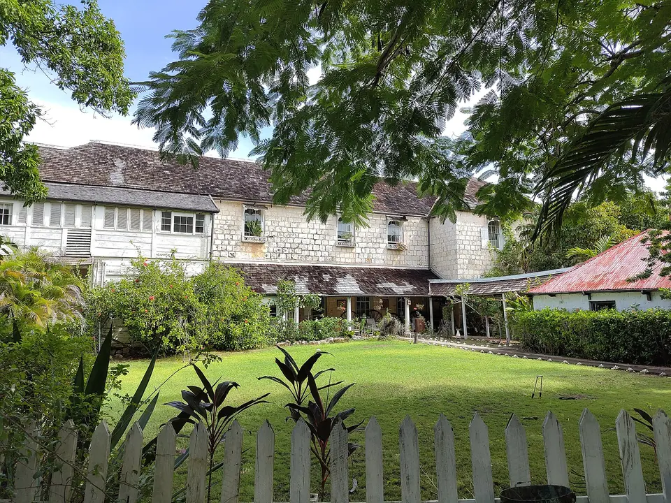 Rear view of Greenwood Great House, a stone and timber plantation house in St. James