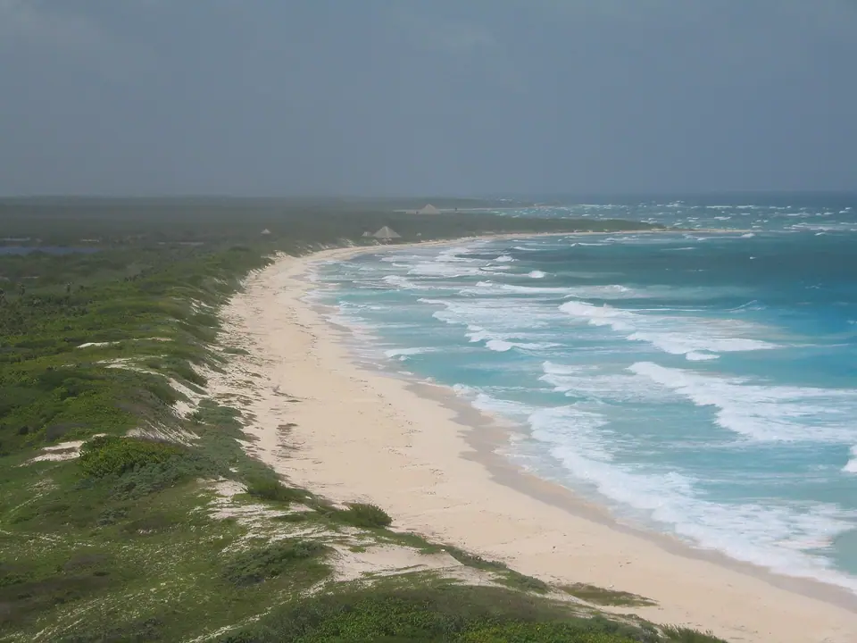 Long, wild Cozumel beach with breaking waves and low scrub behind it, seen from a lighthouse under a grey sky