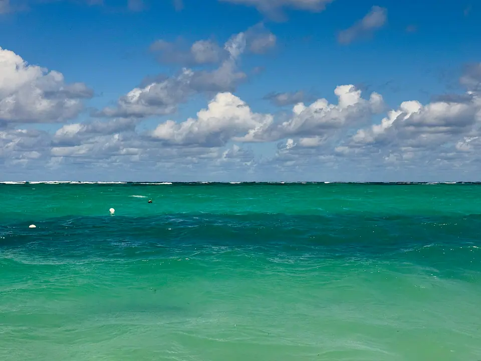 Wide sandy beach with palm trees and turquoise water at Bavaro, Punta Cana