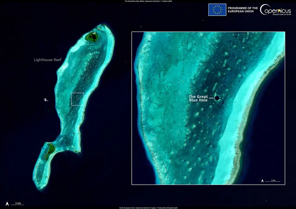 Satellite image of the Great Blue Hole, a dark circular sinkhole in the turquoise Lighthouse Reef