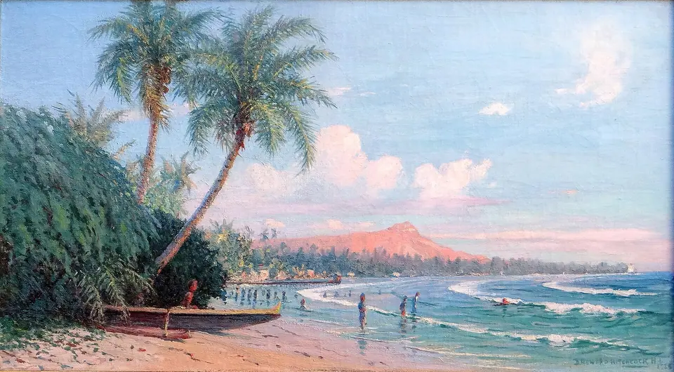Painting of Waikiki Beach and Diamond Head by D. Howard Hitchcock, 1928