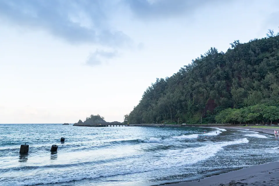 Hana Bay Beach Park with dark sand, palms and green hills in East Maui