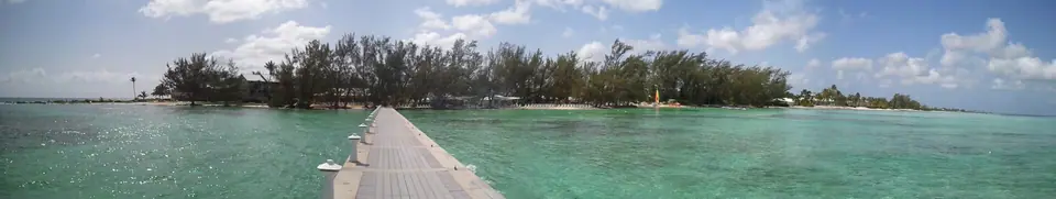 Panoramic view of calm shallow water and beach at Rum Point on Grand Cayman's north side
