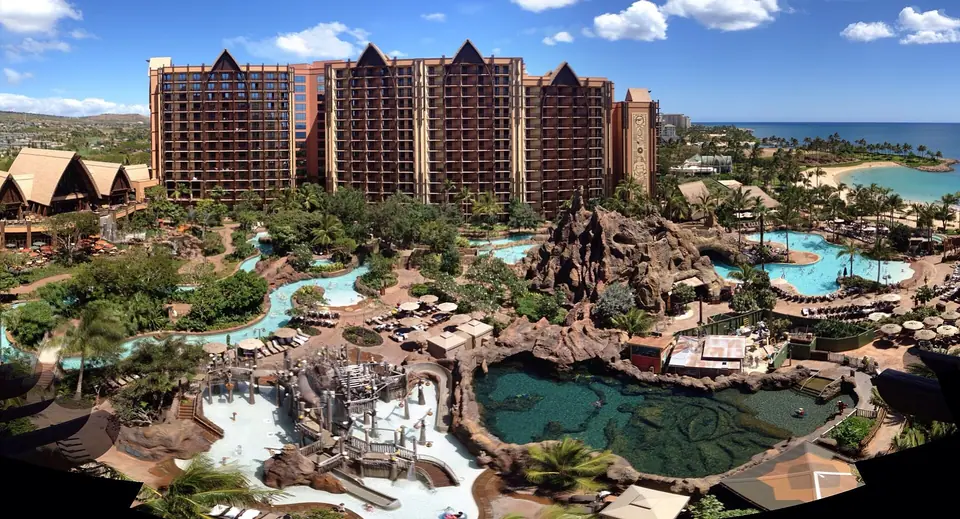 Aulani, A Disney Resort & Spa, its towers and pools beside the Ko Olina lagoon on Oahu