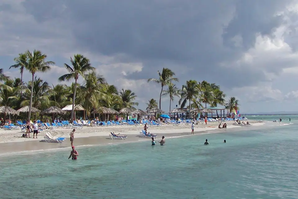 Palm-shaded sandy beach on Palomino Island off Fajardo, Puerto Rico