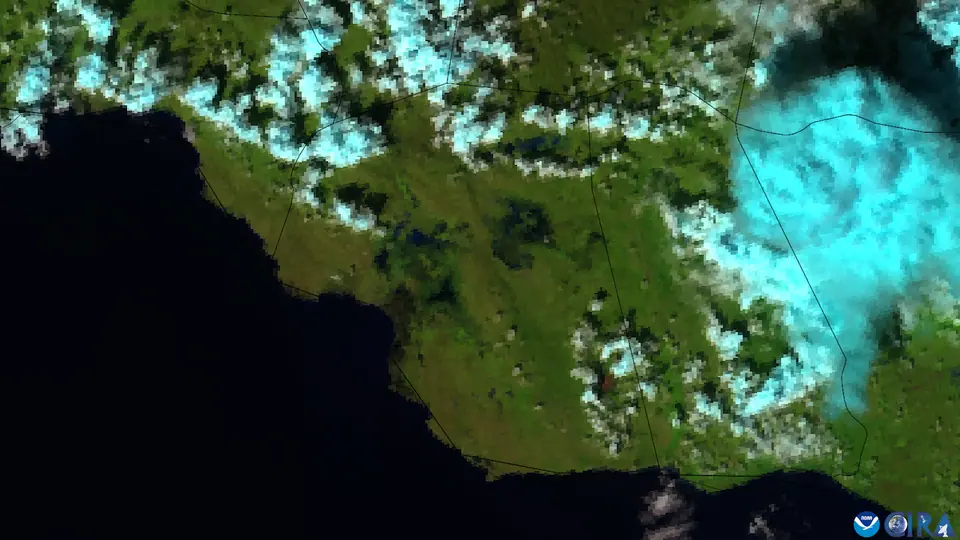 Satellite image of Jamaica two days after Hurricane Melissa showing flooding and stripped, browned vegetation in the west