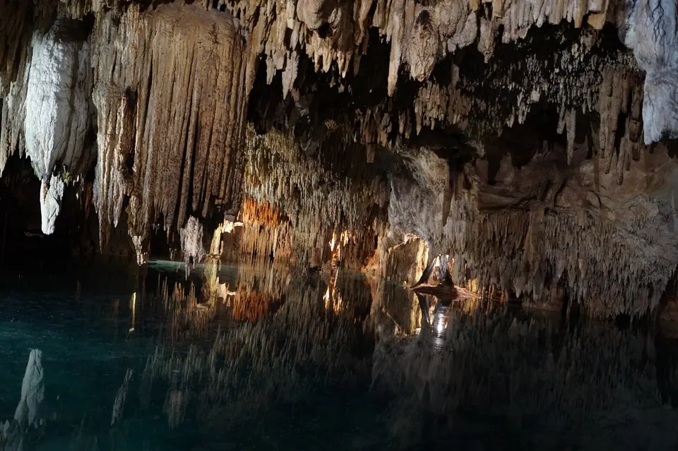 Clear turquoise water inside a cave cenote at Aktun Chen in Quintana Roo
