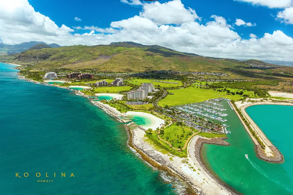 Aerial view of the Ko Olina resort area and its man-made lagoons on Oahu