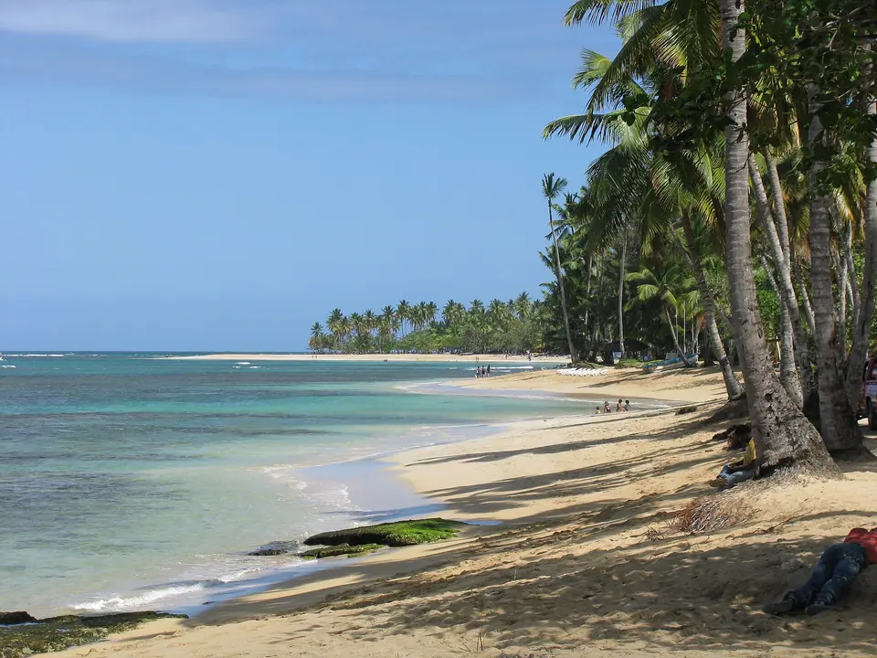Palm-fringed sandy beach at Las Terrenas on the Samaná peninsula
