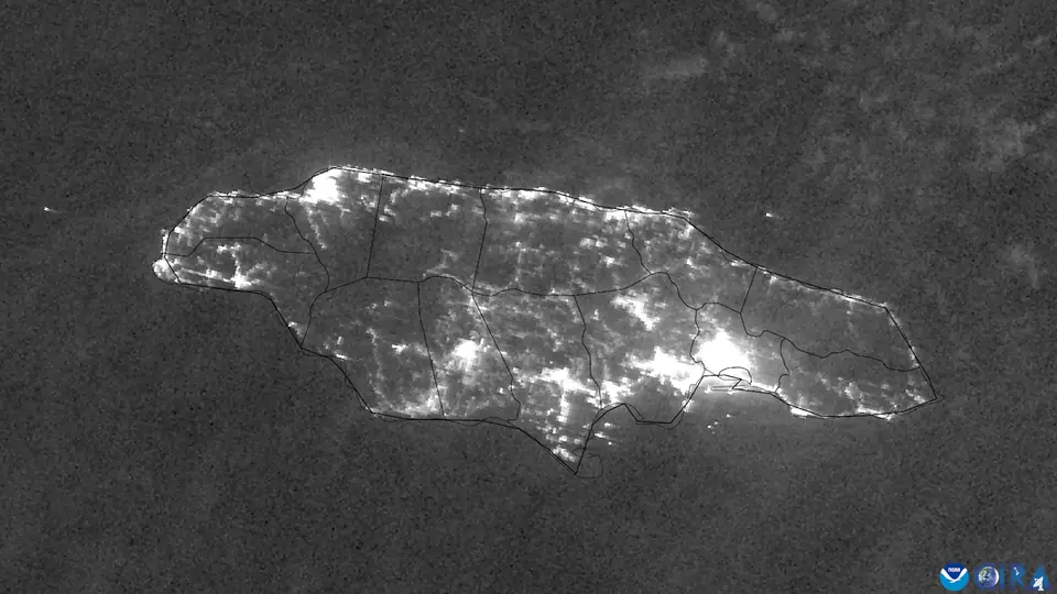 Night-time satellite image of Jamaica's city lights in January 2026 as power returned after Hurricane Melissa
