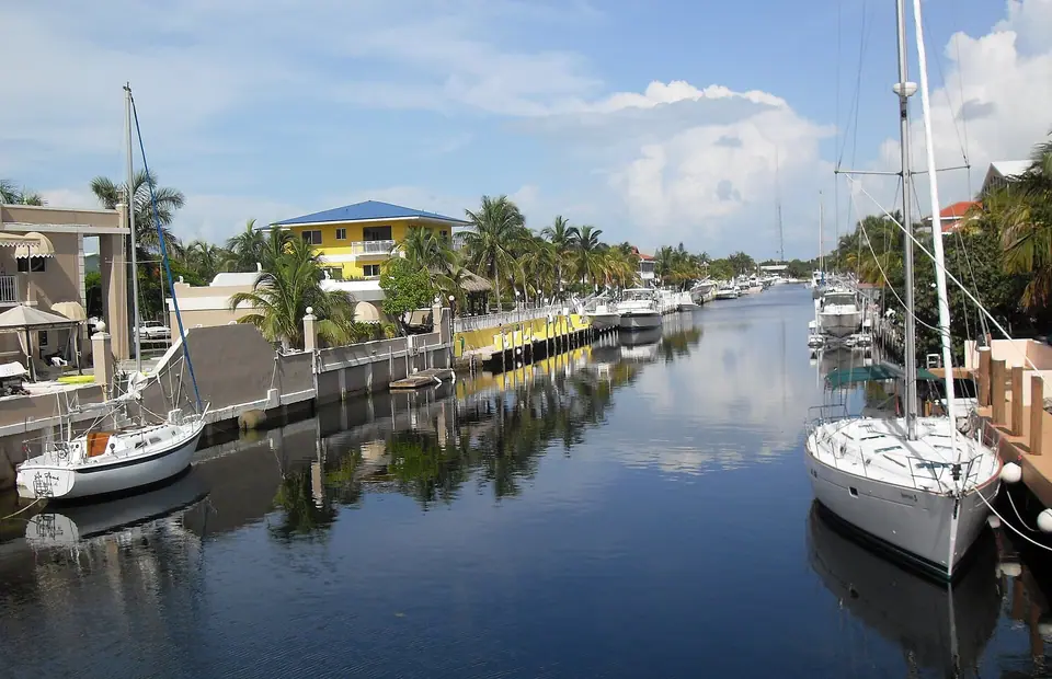A canal leading to a pier in Key Largo harbor, Florida Keys