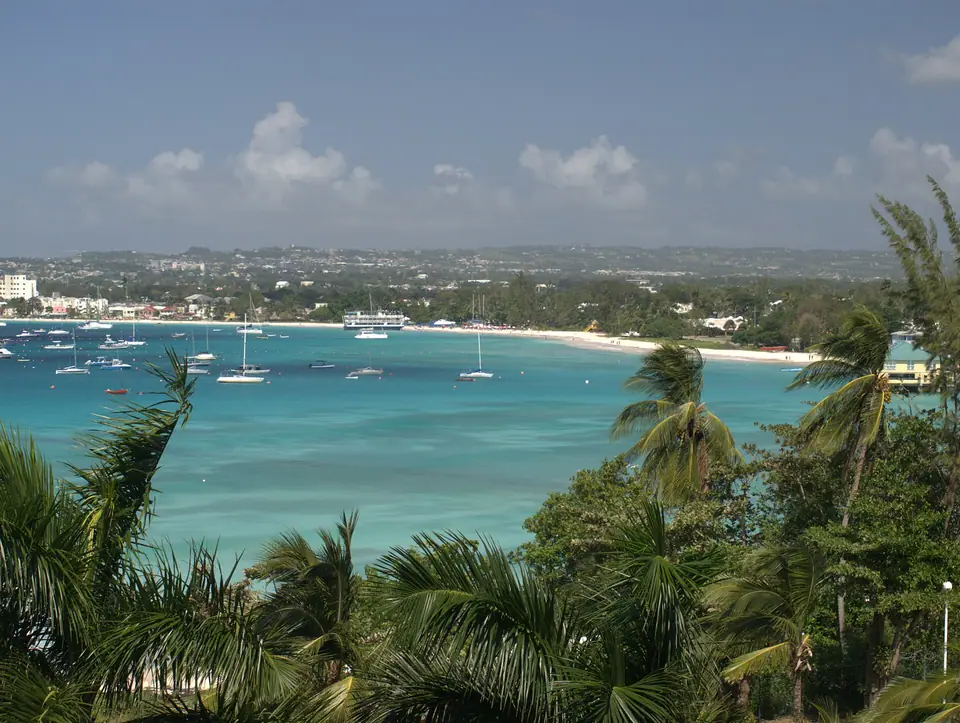 View over palm trees to the curving shore of Carlisle Bay with sailboats and Bridgetown beyond