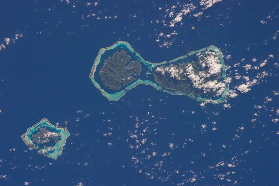 Astronaut photo of Bora Bora, Taha'a and Raiatea lagoons in French Polynesia from orbit